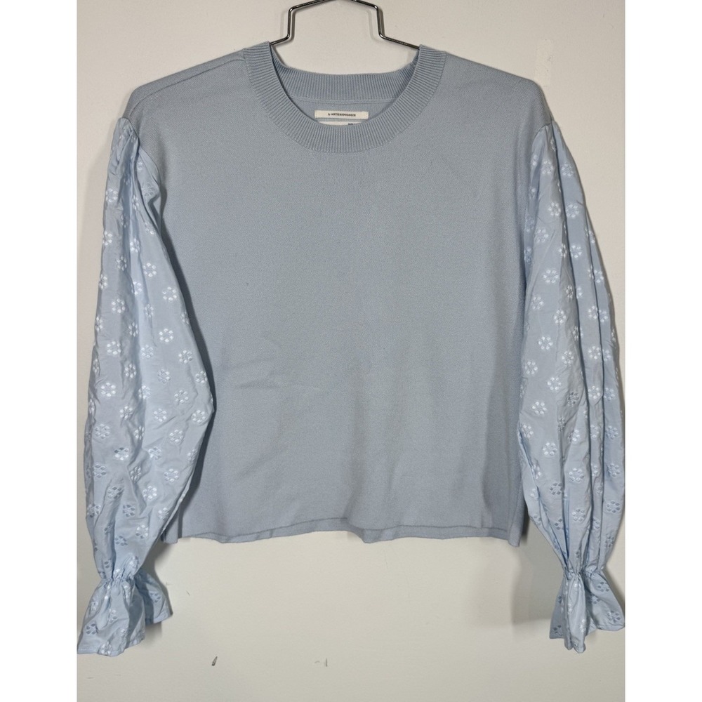 Anthropologie Puff Sleeve Baby Blue Eyelet Sleeve Sweater Size L Coquette Spring